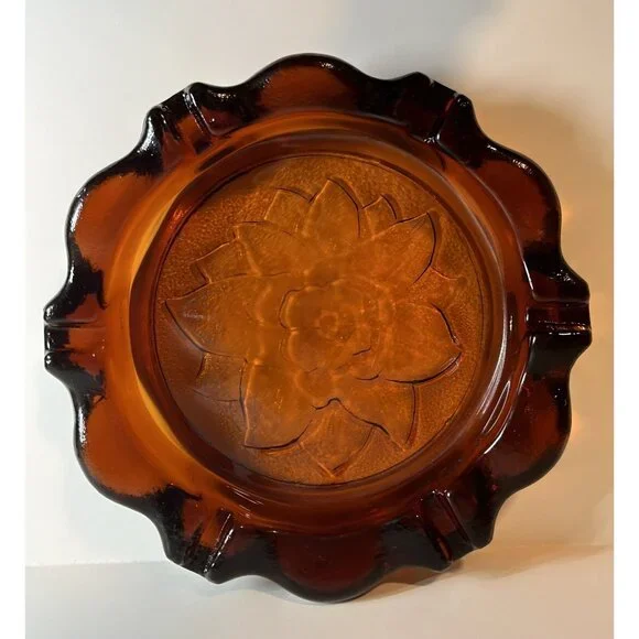 Vintage Amber Ashtray Paint Brush Trinket Coin Dish Indiana Glass MCM Heavy - Picture 7 of 11